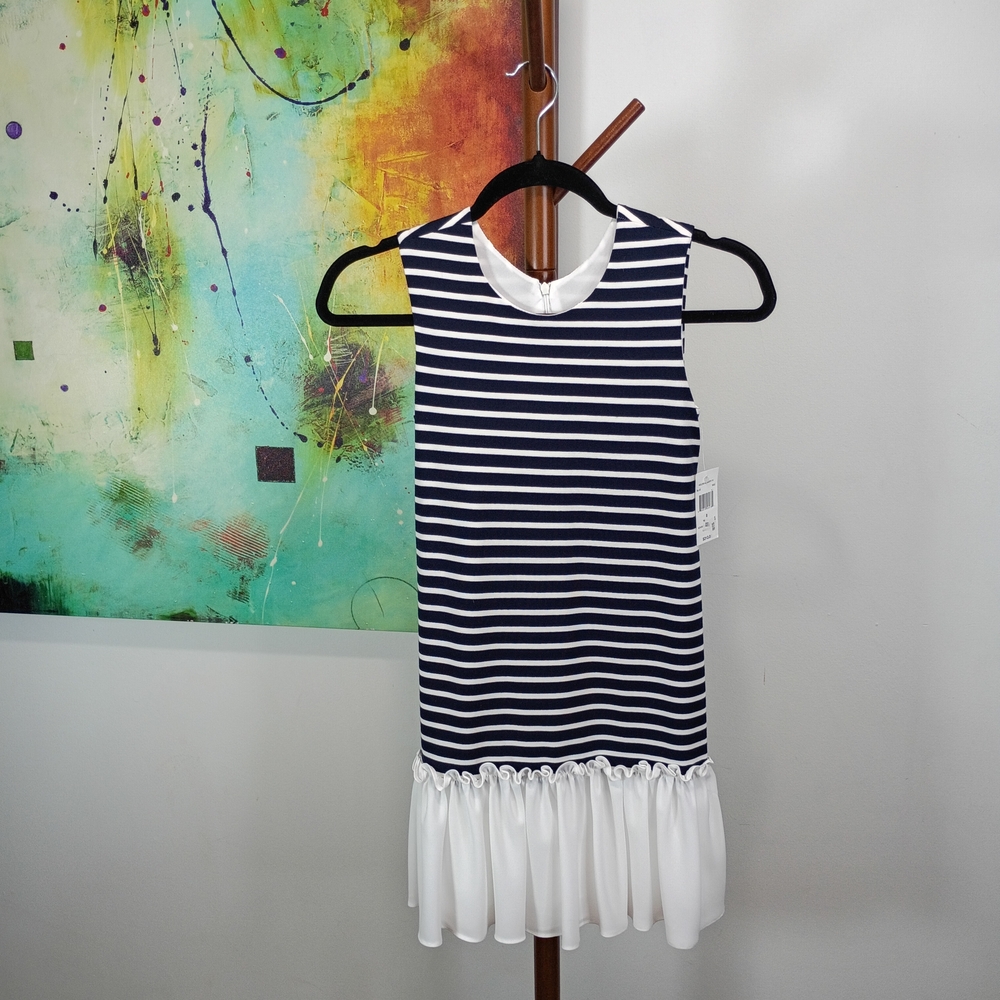 NWT Helena Girl's Nautical Navy & White Striped Sleeveless Ruffle Hem Dress